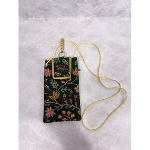 Metro Embroidered Floral Crossbody Phone Pouch Dark Green Gold Small Bag